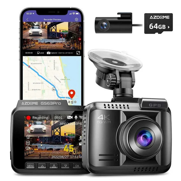 أزدومي GS63H PRO كاميرا داش كام بـ 2 قناة ودقة 4K مع بطاقة ذاكرة 64 جيجابايت