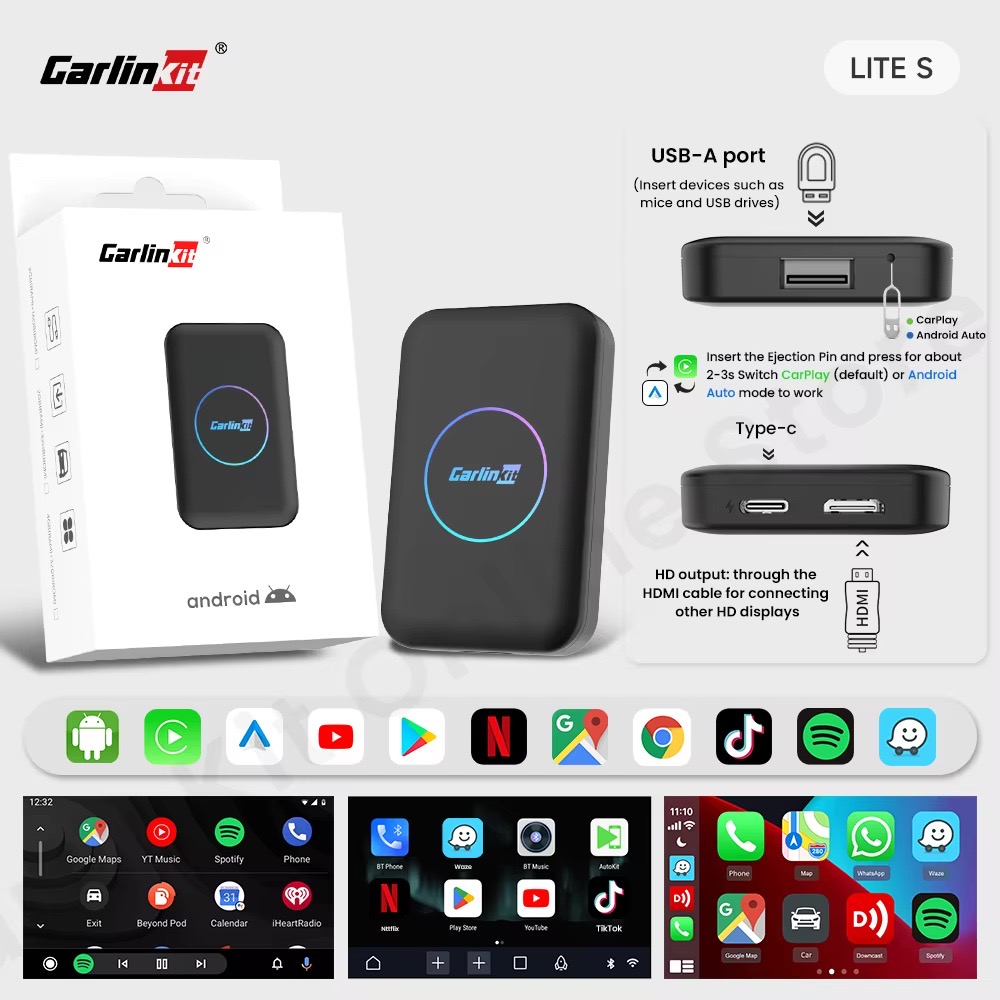 Carlinkit Tbox Lite S - محول لاسلكي لـ CarPlay وAndroid Auto، مزود بمنفذ mini HDMI ويدعم YouTube وNetflix.