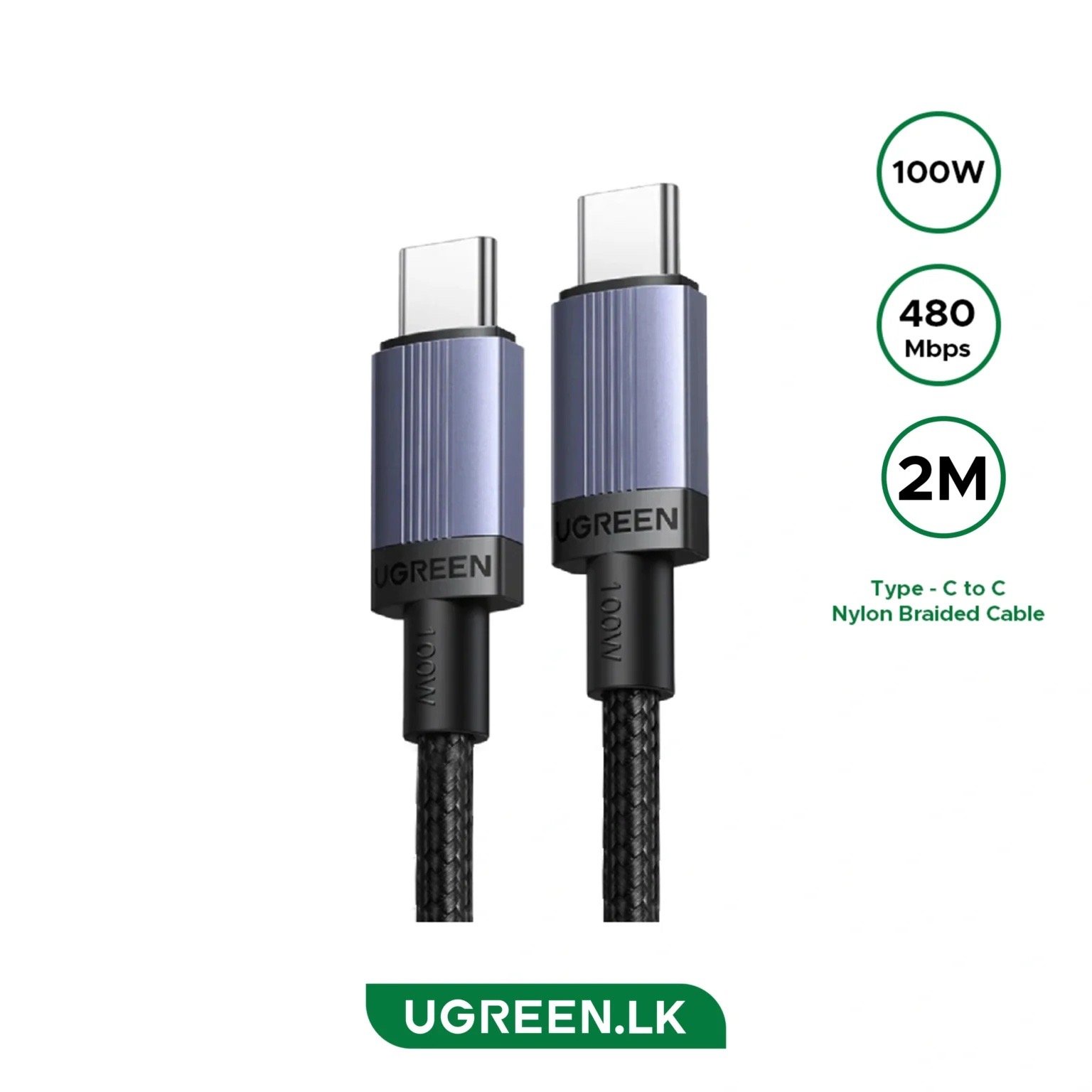 كابل UGREEN للشحن السريع (PD) بقدرة 100 واط، بطول 2 متر، ومن النوع C إلى النوع C (Type-C to Type-C).