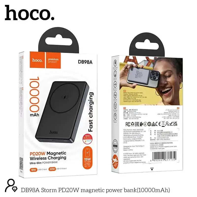 باور بانك hoco DB98A Storm مغناطيسي 10000 مللي أمبير بشحن لاسلكي 15W وسلكي PD 20W بهيكل معدني نحيف