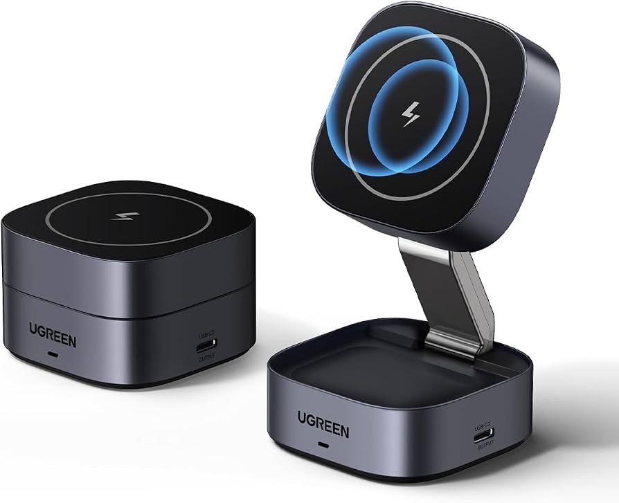 شاحن لاسلكي قابل للطي من UGREEN، حامل شحن سريع 2 في 1 بتقنية MagSafe وقوة 15 واط (معيار Qi)