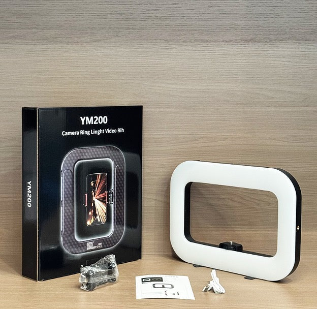 رينغ لايت يدوي مستطيل YM-200 بقوة 20W وبطارية 8000mAh - 3 درجات لون CRI 96+ مع مشبك موبايل و3 فتحات Cold Shoe