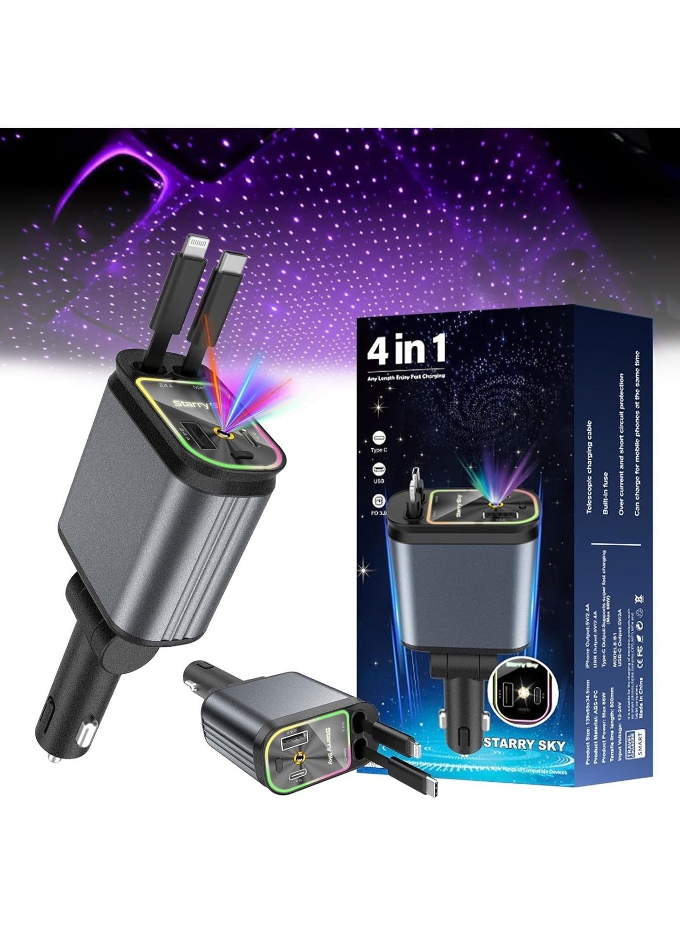 Retractable Type C +iOS Car Mobile Charger with Roof Starry Projection | Car Accessories | 4 in 1 | Fast Charging