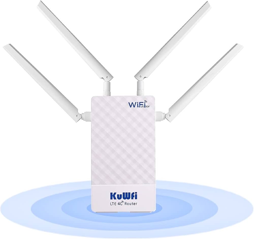 جهاز توجيه (راوتر) 4G من KuWFi، مخصص للاستخدام الخارجي، تصل سرعته إلى 150 ميجابت في الثانية، ويدعم بطاقات SIM.