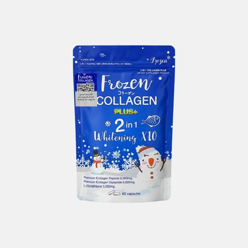 Frozen Collagen whitening capsules, featuring 6000mg of collagen peptide and glutathione for 10x skin brightening.