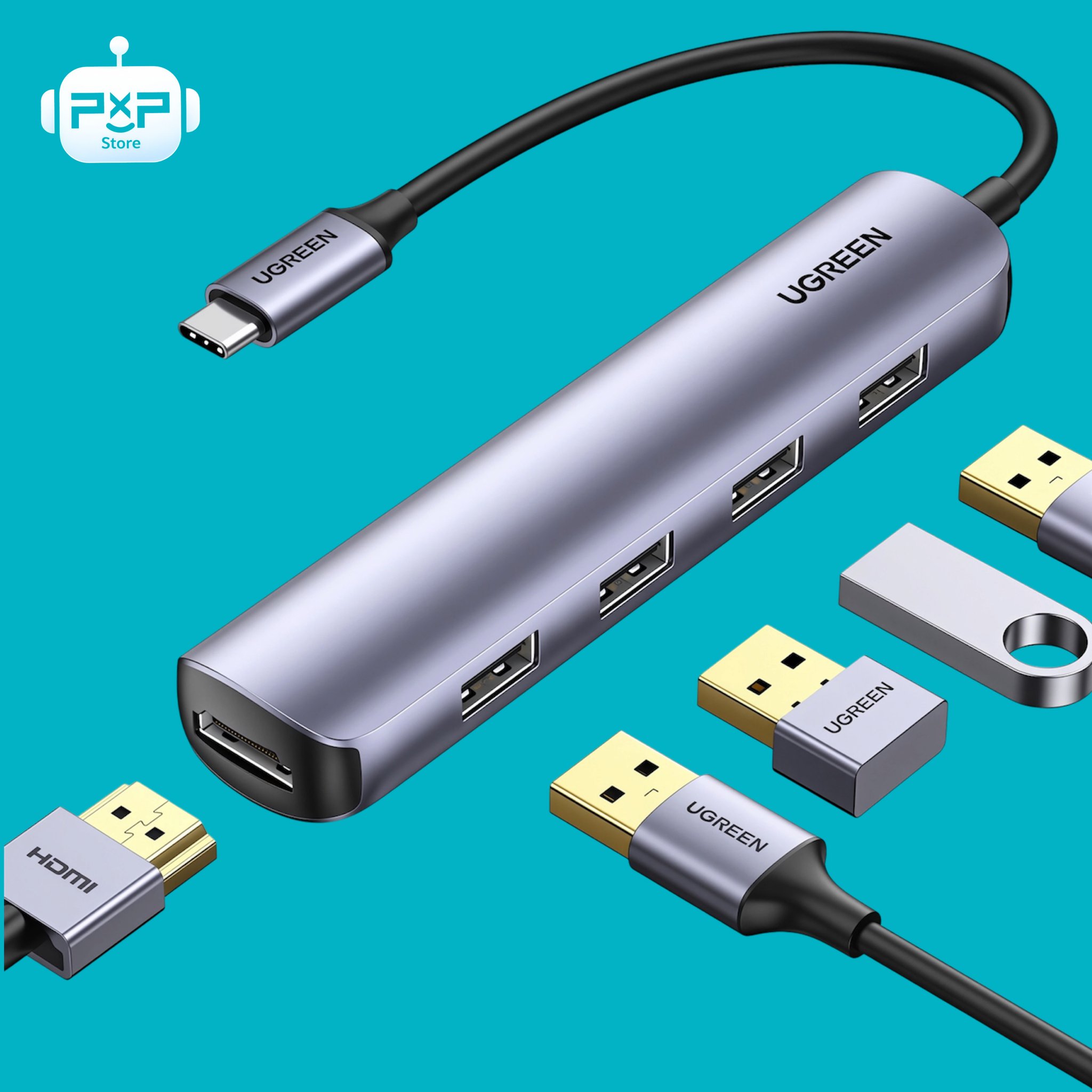 محول يوغرين USB-C متعدد المنافذ 5 في 1 مع HDMI ويدعم الشحن السريع 100 واط