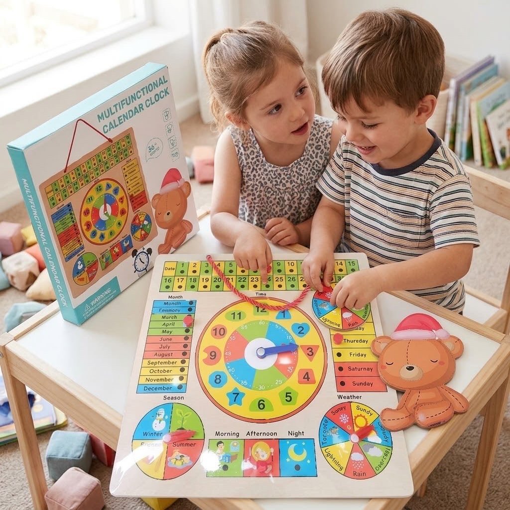 Multifunctional Wooden Calendar and Clock Learning Board for Kids