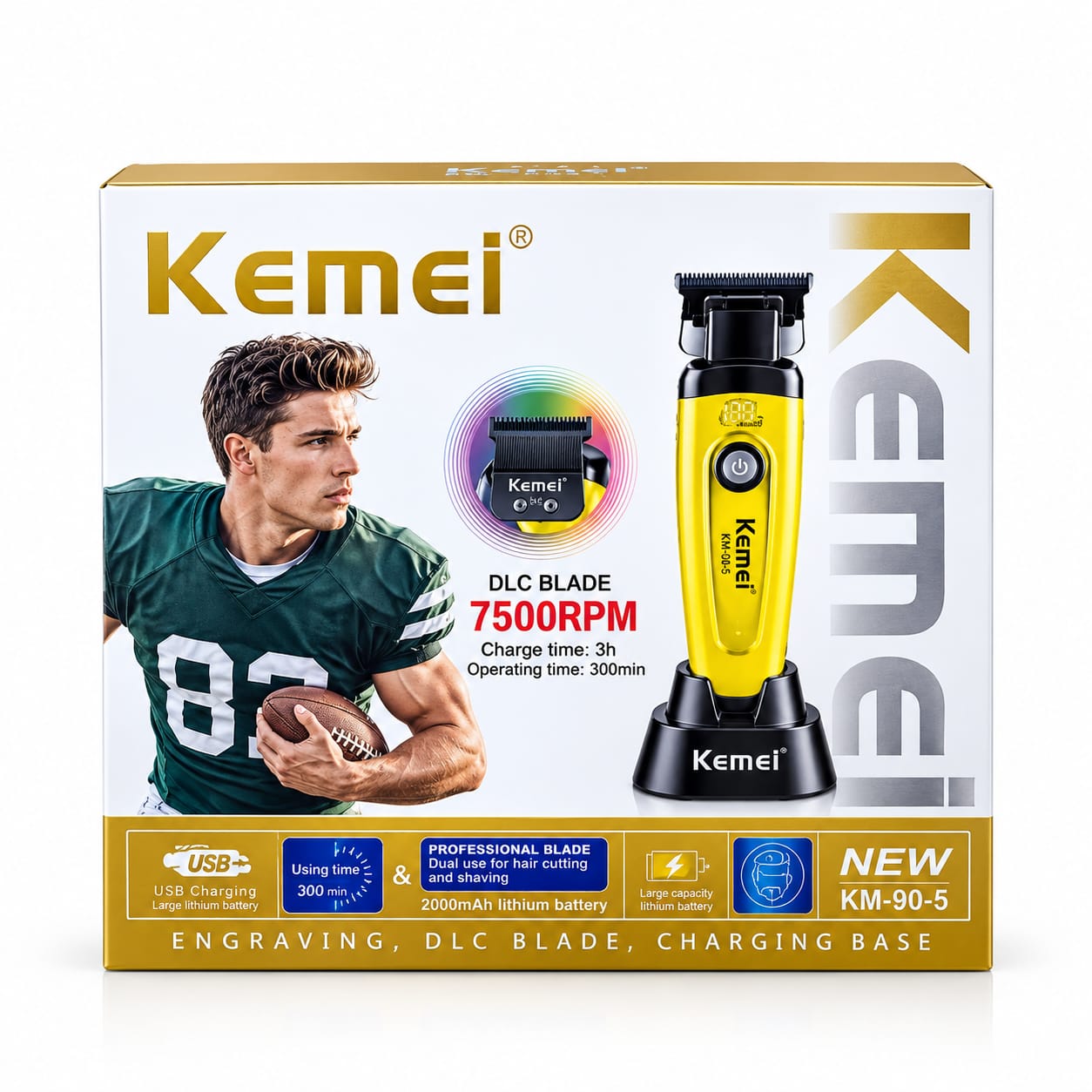 Kemei KM-90-5 Professional Hair Trimmer with Charging Base (Yellow)