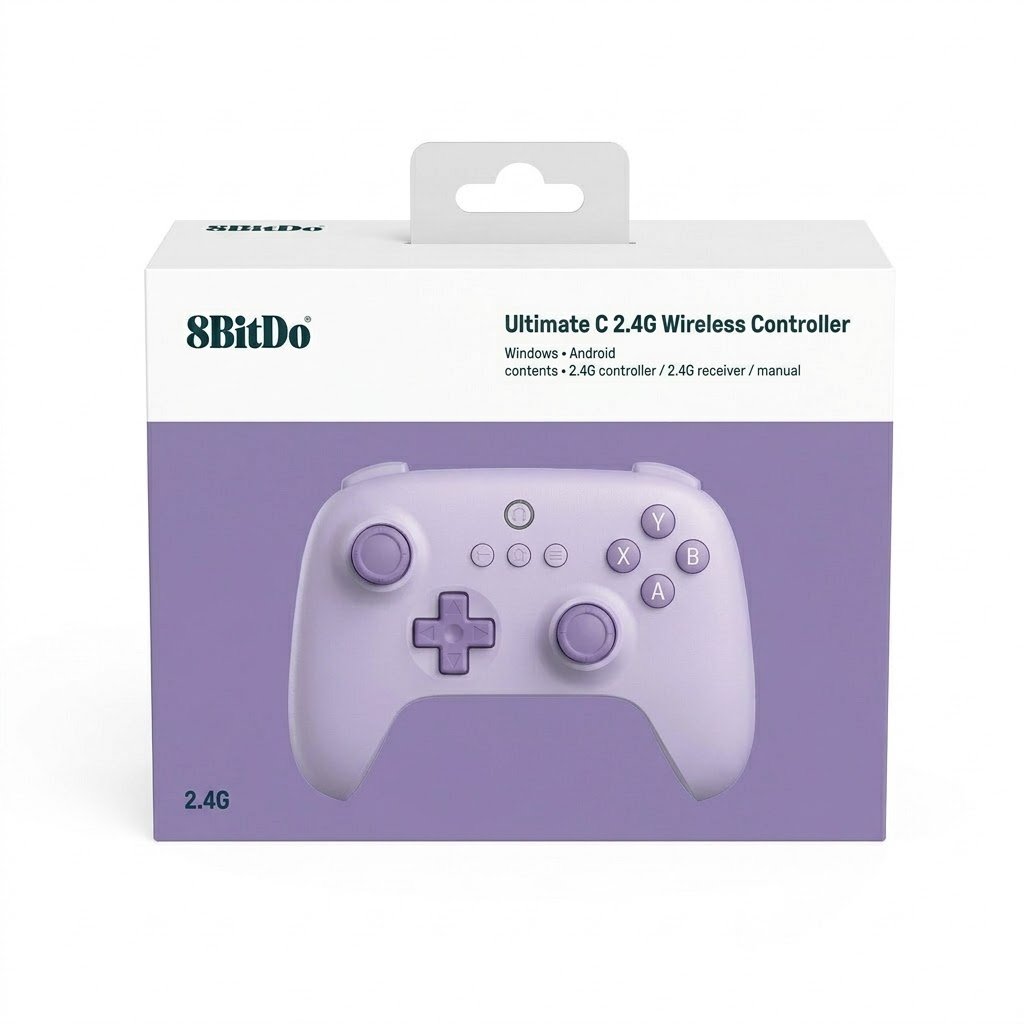 يد تحكم ألعاب 8BitDo Ultimate C اللاسلكية بتردد 2.4GHz للكمبيوتر وأندرويد وSteam Deck وRaspberry Pi، لون بنفسجي ليلكي