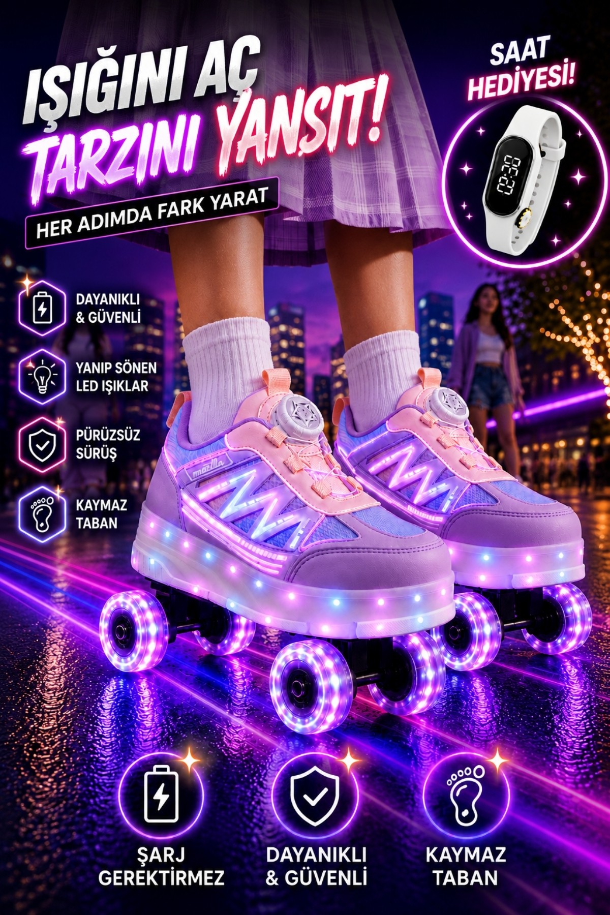 حذاء رياضي MUGGO SKATE للأطفال بعجلات وإضاءة - ليلكي