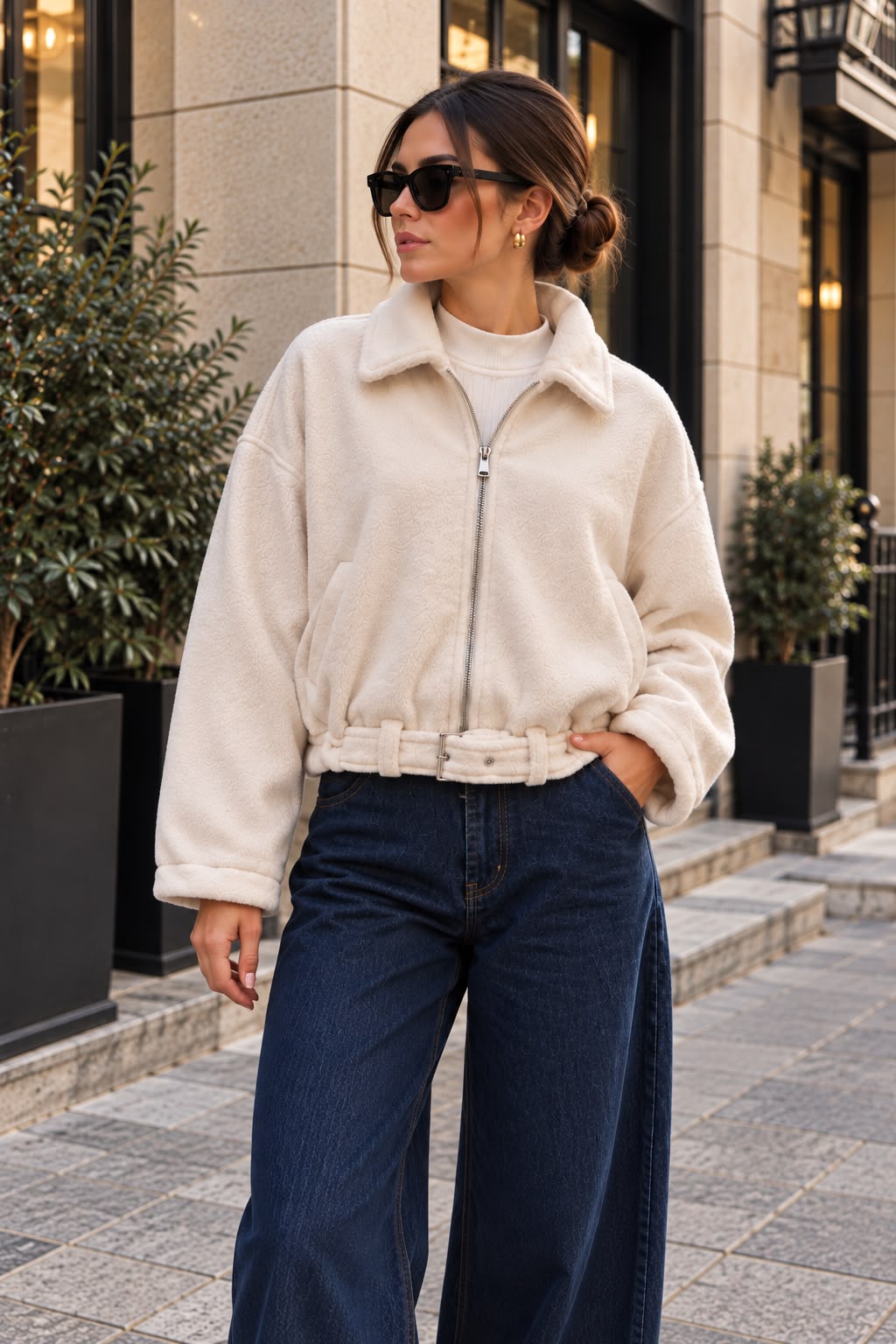 Women's Belt Detail Zipper Jacket 0784 - Cream