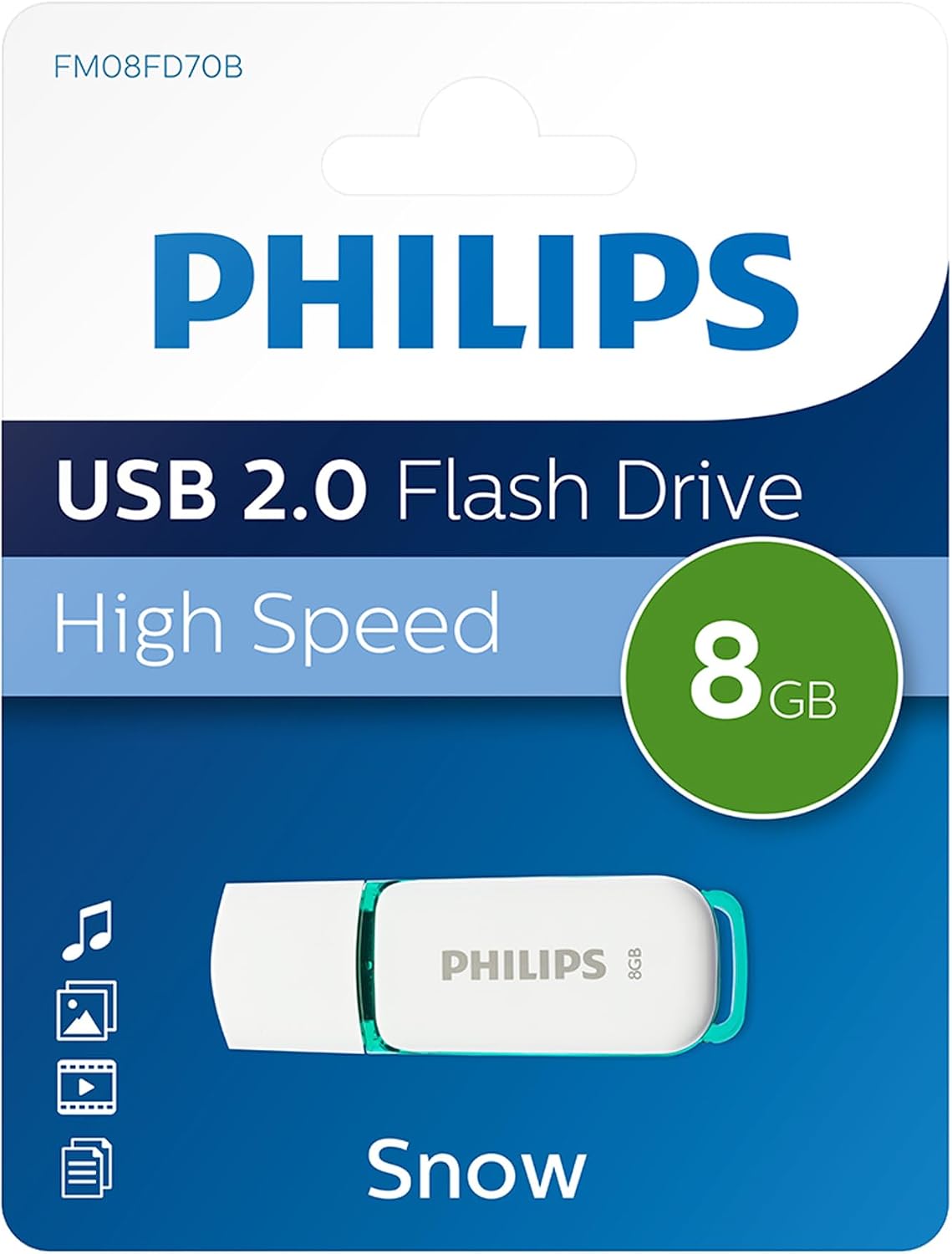 فلاش ميموري فيليبس سنو Snow بسعة 8GB وواجهة USB 2.0 باللون الأبيض والأخضر مع غطاء حماية ومؤشر LED