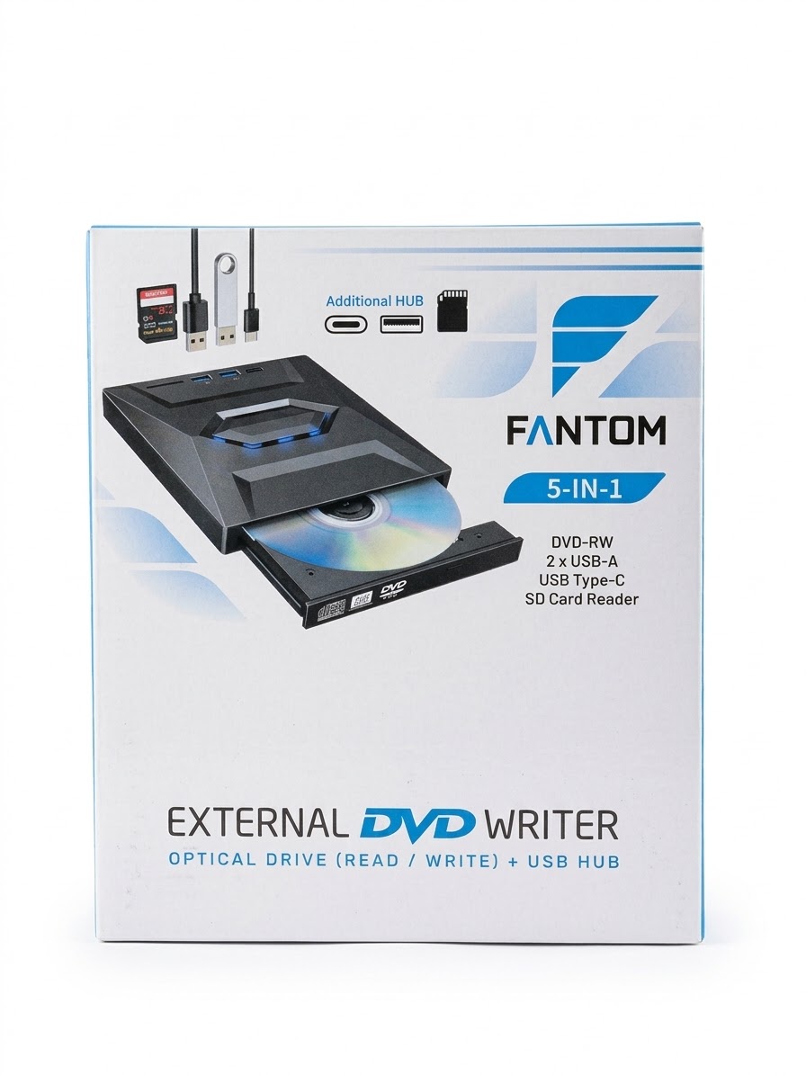 FANTOM 5-in-1 External DVD Writer & Optical Drive with USB Hub & SD Card Reader (FA-DVD-EX5)
