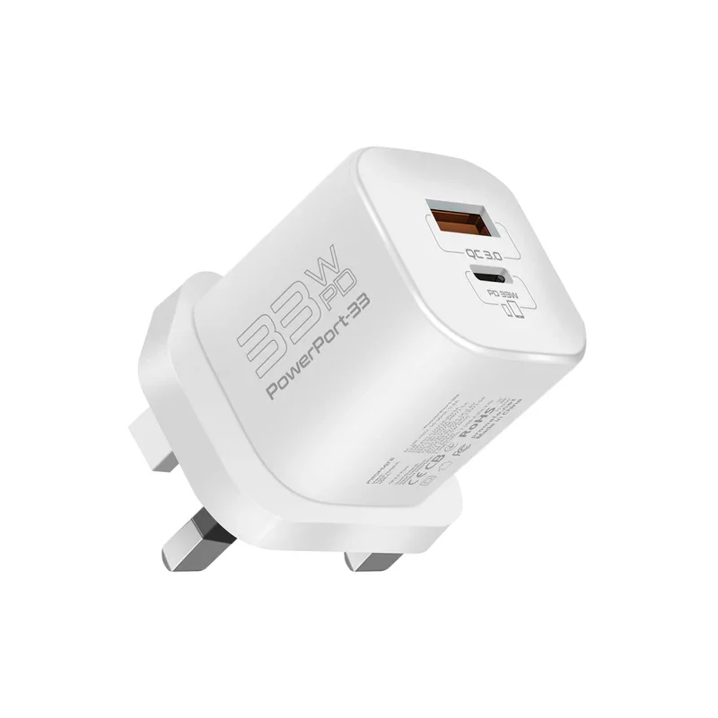 شاحن جداري بروميت باور بورت 33 بقدرة 33 واط بتقنية GaN مع منفذي تايب سي و USB-A