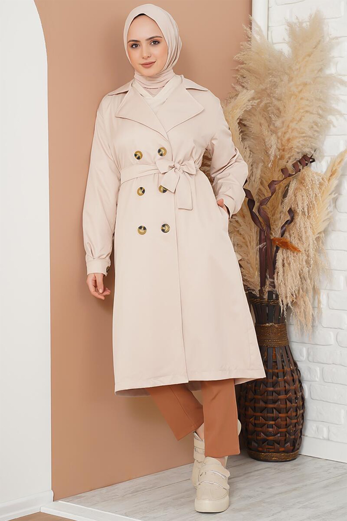 T5853 Modest Crossover Collar Belted Trench Coat - Beige
