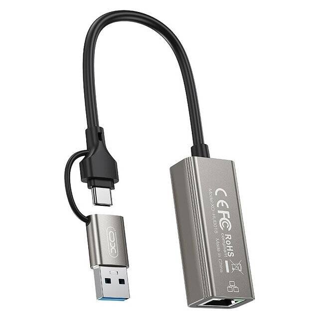 محول شبكة XO HUB-018 من USB-A وType-C إلى RJ45 بسرعة 100 ميجابت/ثانية
