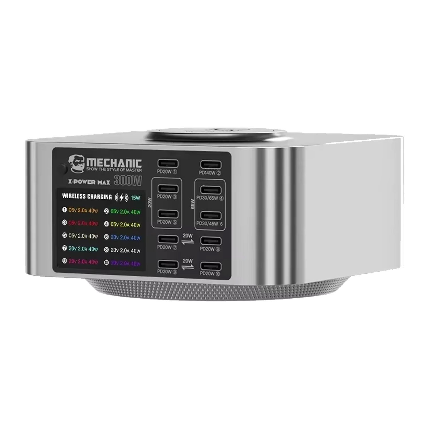 محطة شحن اجهزة مع شاشة مدمجة لمراقبة اداء الشحن MECHANIC X-Power Max 300W 10-Port USB Smart Charging Station with LED Display