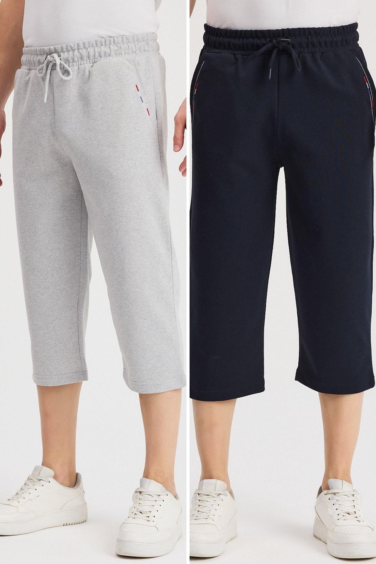 شورت برمودا رجالي طويل 2 في 1 بجيوب جانبية وخصر مطاطي قابل للتعديل - أسود-فحمي ورمادي-كحلي