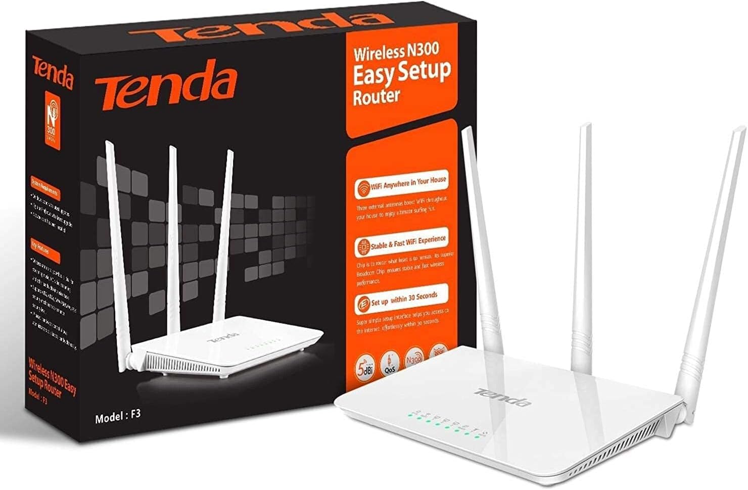 راوتر تندا F3 لاسلكي بسرعة 300Mbps مع 3 هوائيات خارجية وتقنية Wi-Fi 4