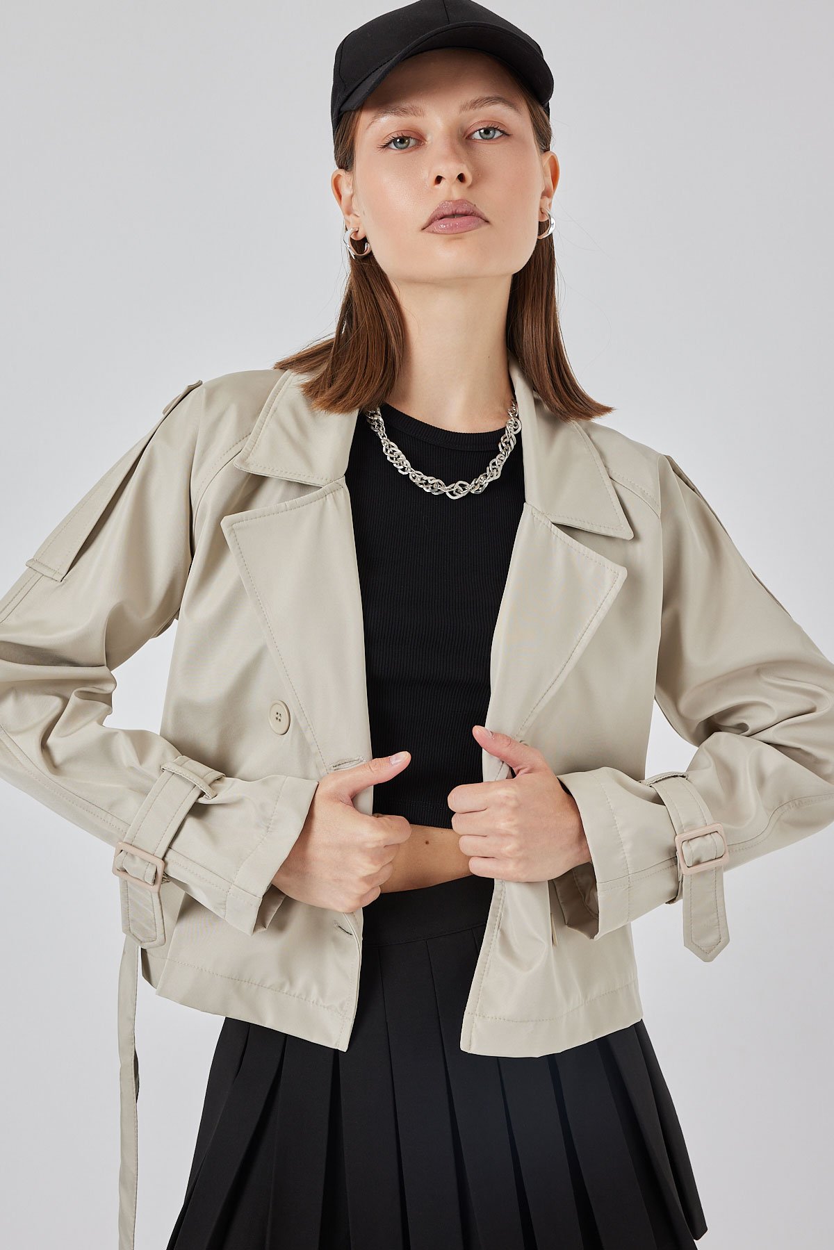 Women's Belted Short Trench Coat 5970 - Stone
