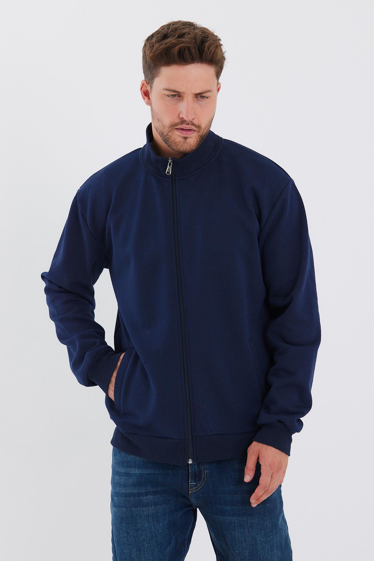 Men's Navy Blue Cotton-Lined Zippered Stand-Collar Cardigan with Side Pockets
