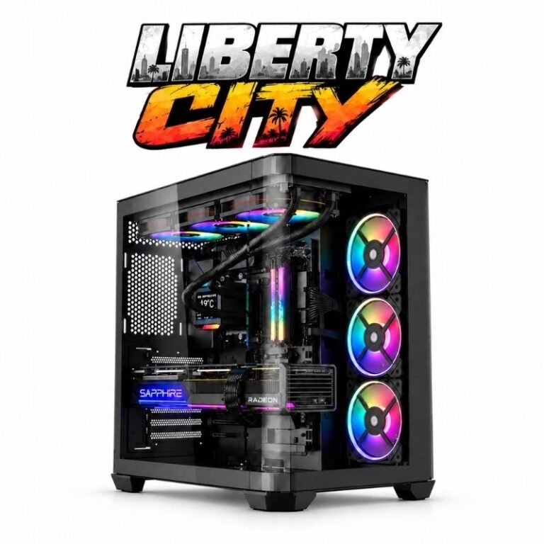 تجميعة ألعاب ليبرتي سيتي | معالج كور i5-12400F، كارت RX 9060 XT 16GB، رام 16GB، تخزين 1TB NVMe، لون أسود