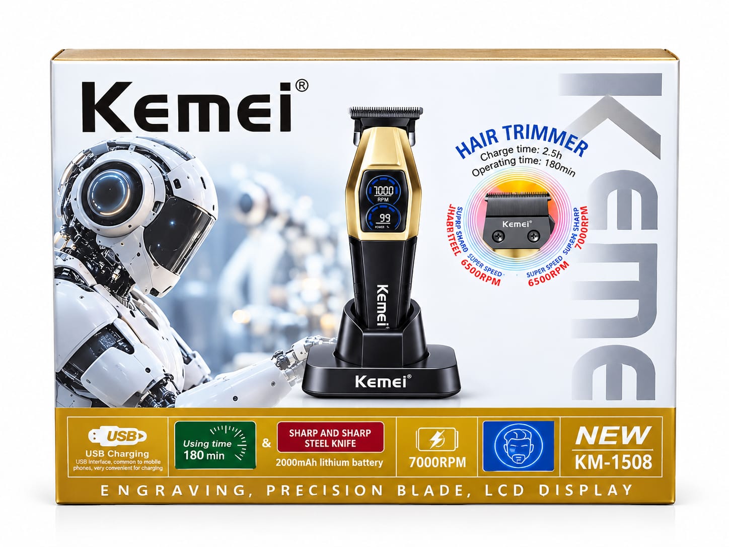Kemei KM-1508 Professional Hair Trimmer with Charging Base (7000 RPM)