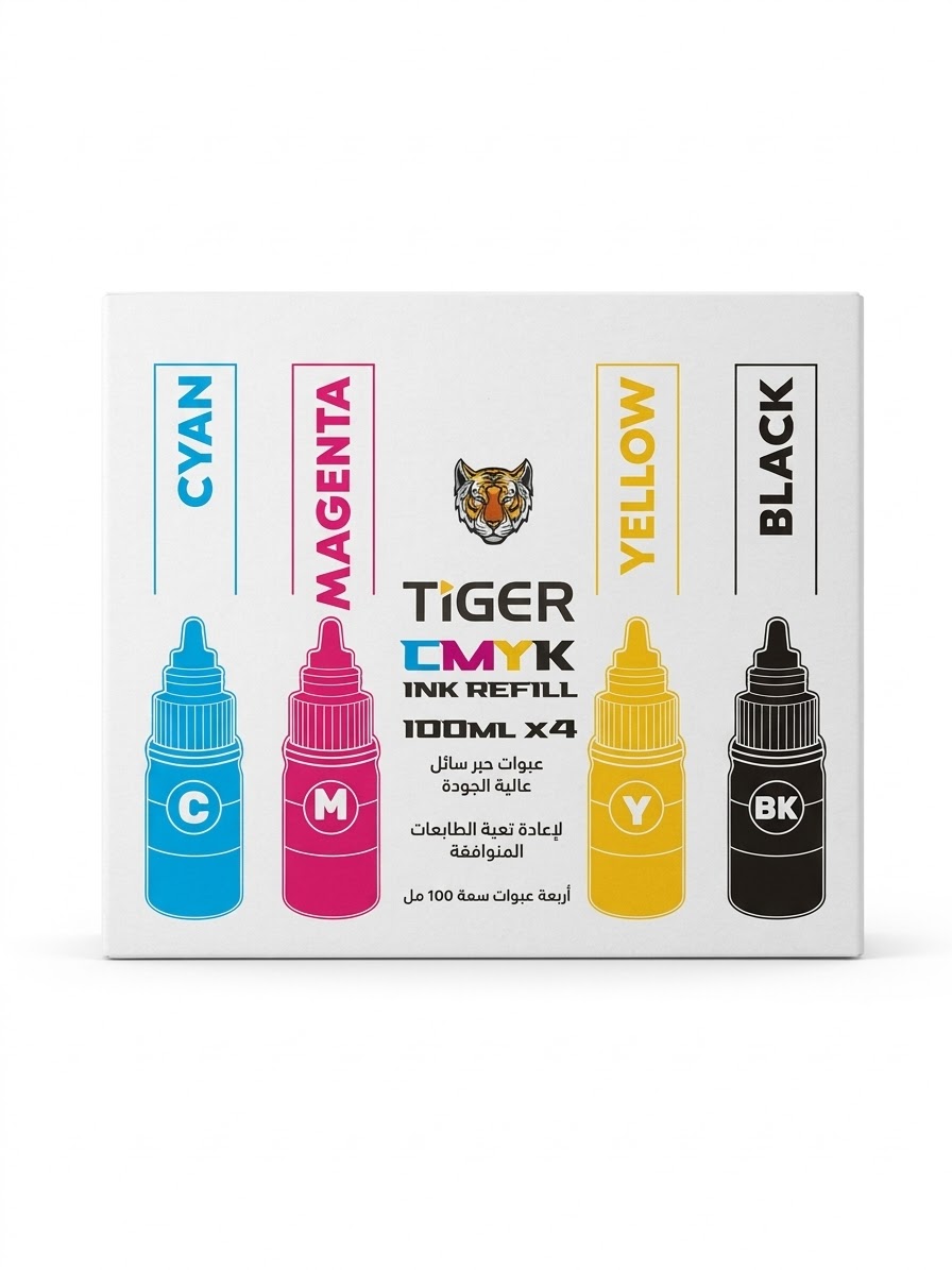 مجموعة أحبار كانون الاحترافية من ماركة تايجر العالمية (CMYK) سعة 100 مل × 4 - أداء فائق ومطابق لسلسلة طابعات كانون GI-490
