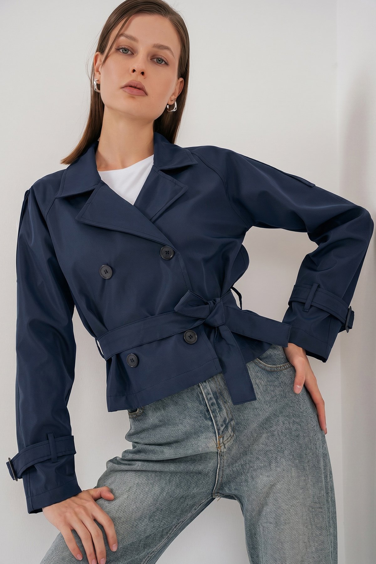 Women's Belted Short Trench Coat 5970 - Navy Blue