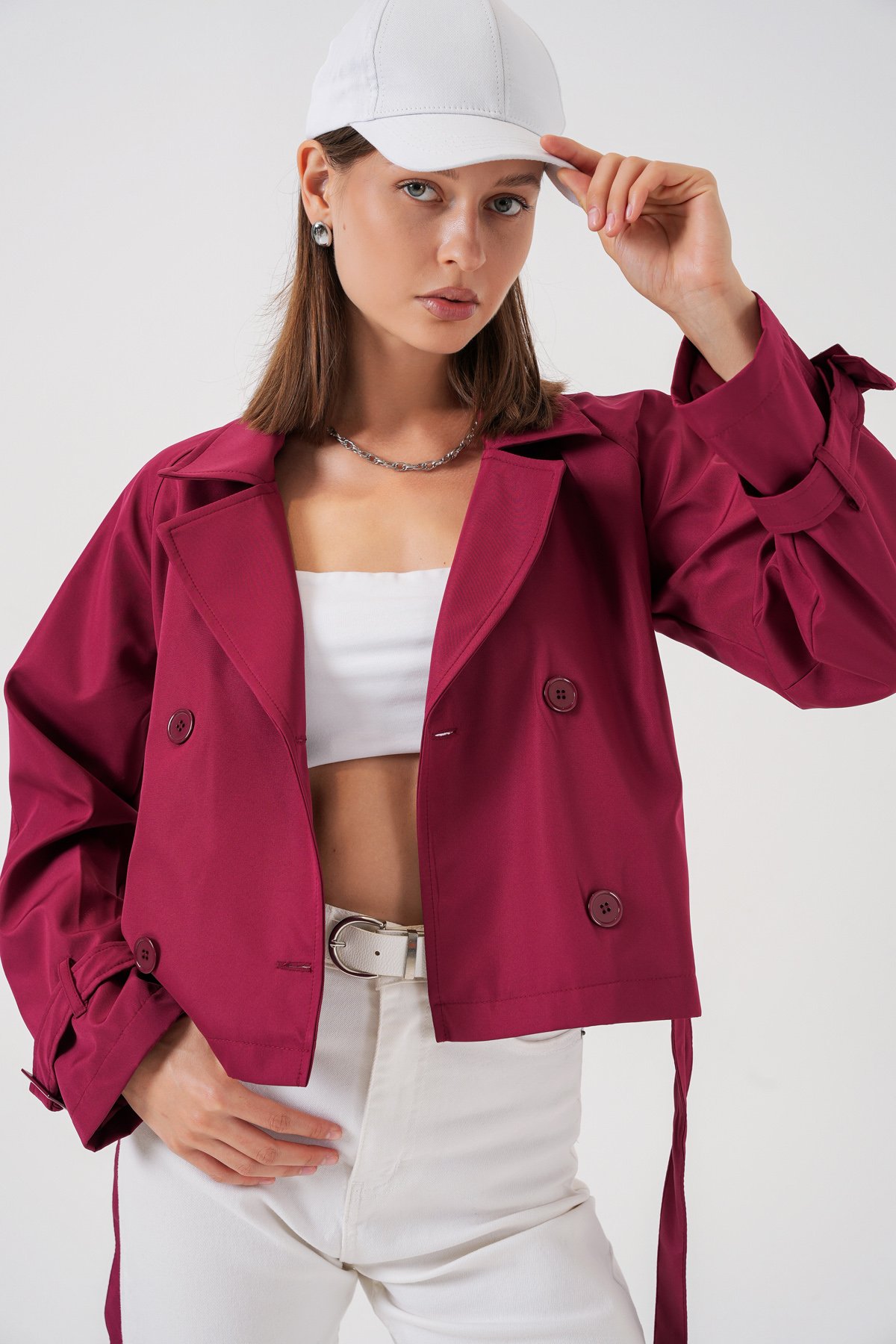Women's Belted Short Trench Coat 5970 - Burgundy