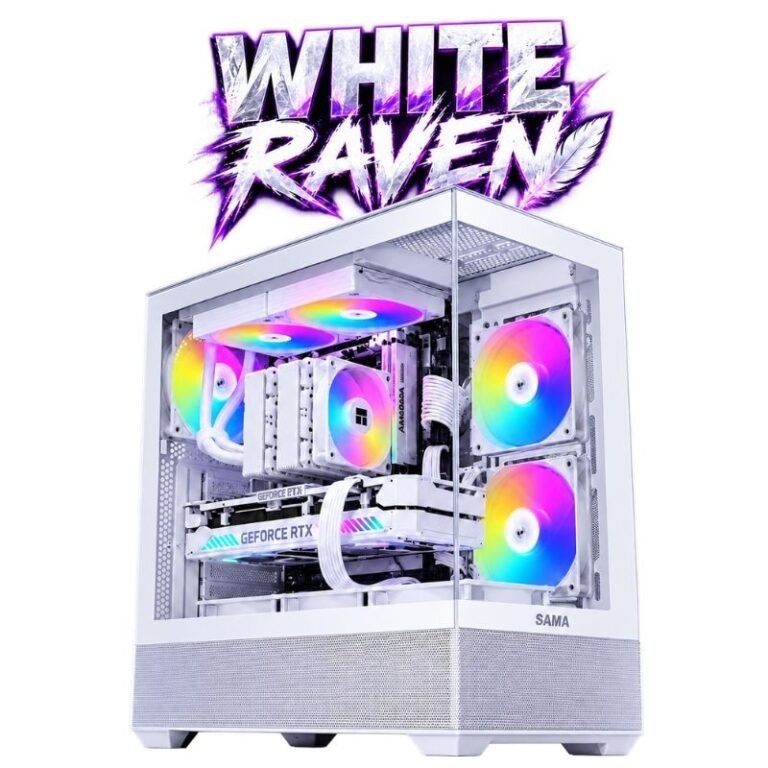 تجميعة ألعاب وايت رافن | معالج رايزن 5 5600X، كارت RTX 5060 Ti 16GB، رام 16GB، تخزين 1TB NVMe، لون أبيض بالكامل