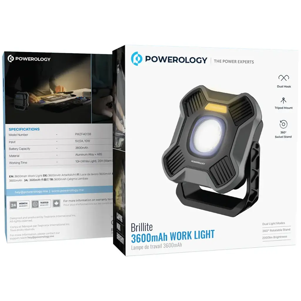 Powerology Brillite 3 Mode Work Light with 3600mAh Battery - Black