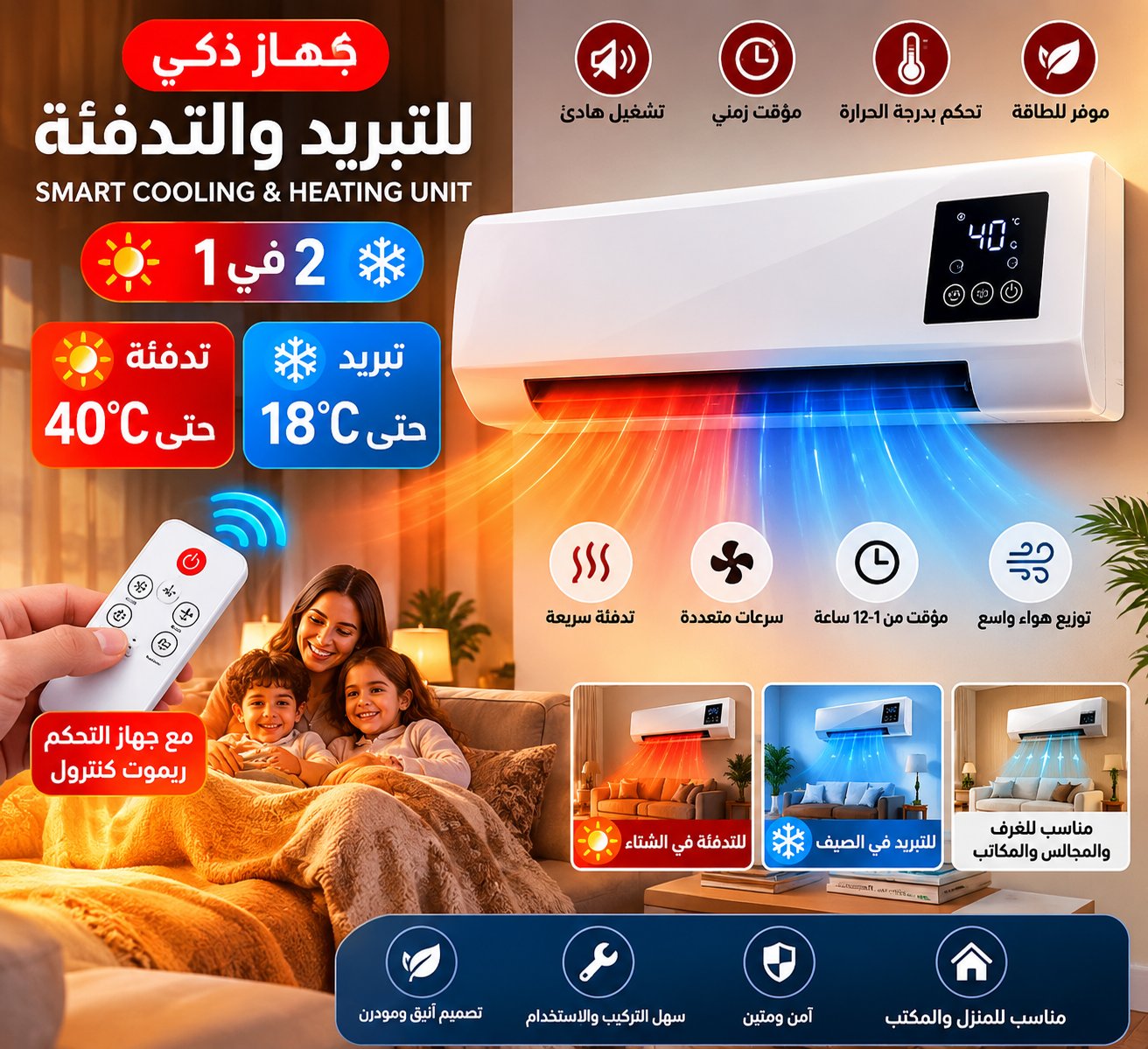 جهاز تدفئة وتبريد ذكي مع ريموت كنترول