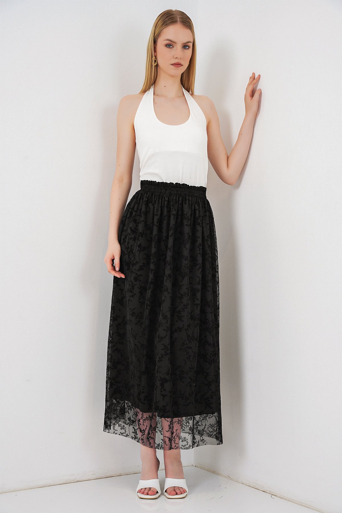 Women's Flocked Print Lined Skirt 8076 - Black