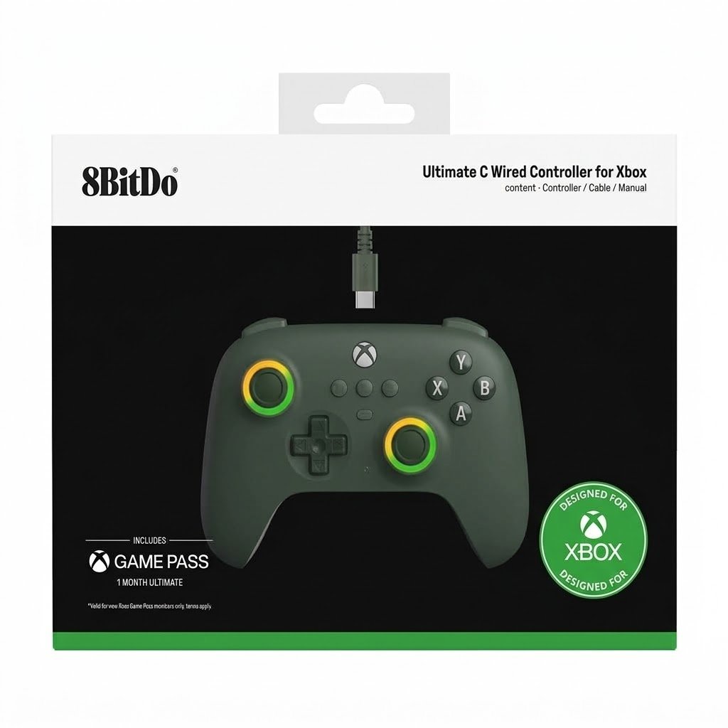 يد تحكم ألعاب 8BitDo Ultimate C السلكية لأجهزة Xbox والكمبيوتر، لون أخضر داكن
