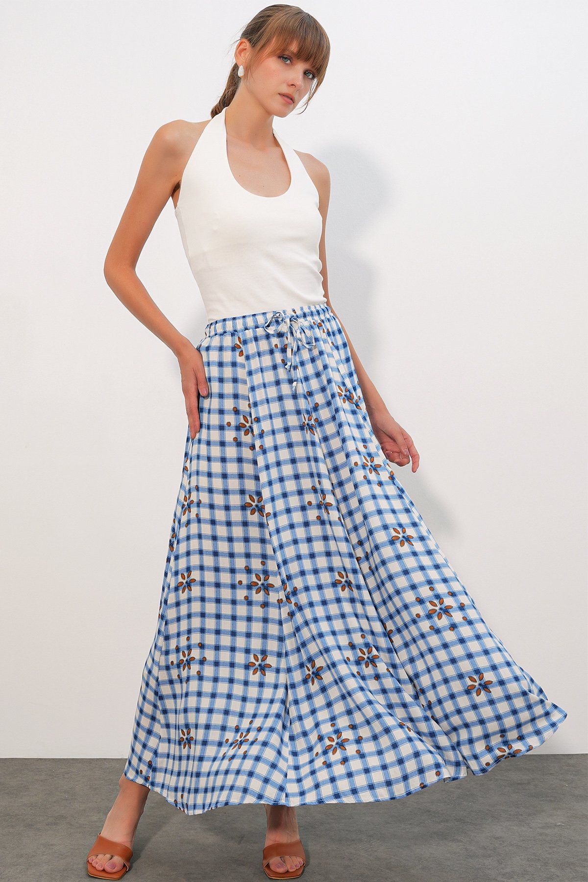 Women's Long Plaid Skirt 8065 - Blue
