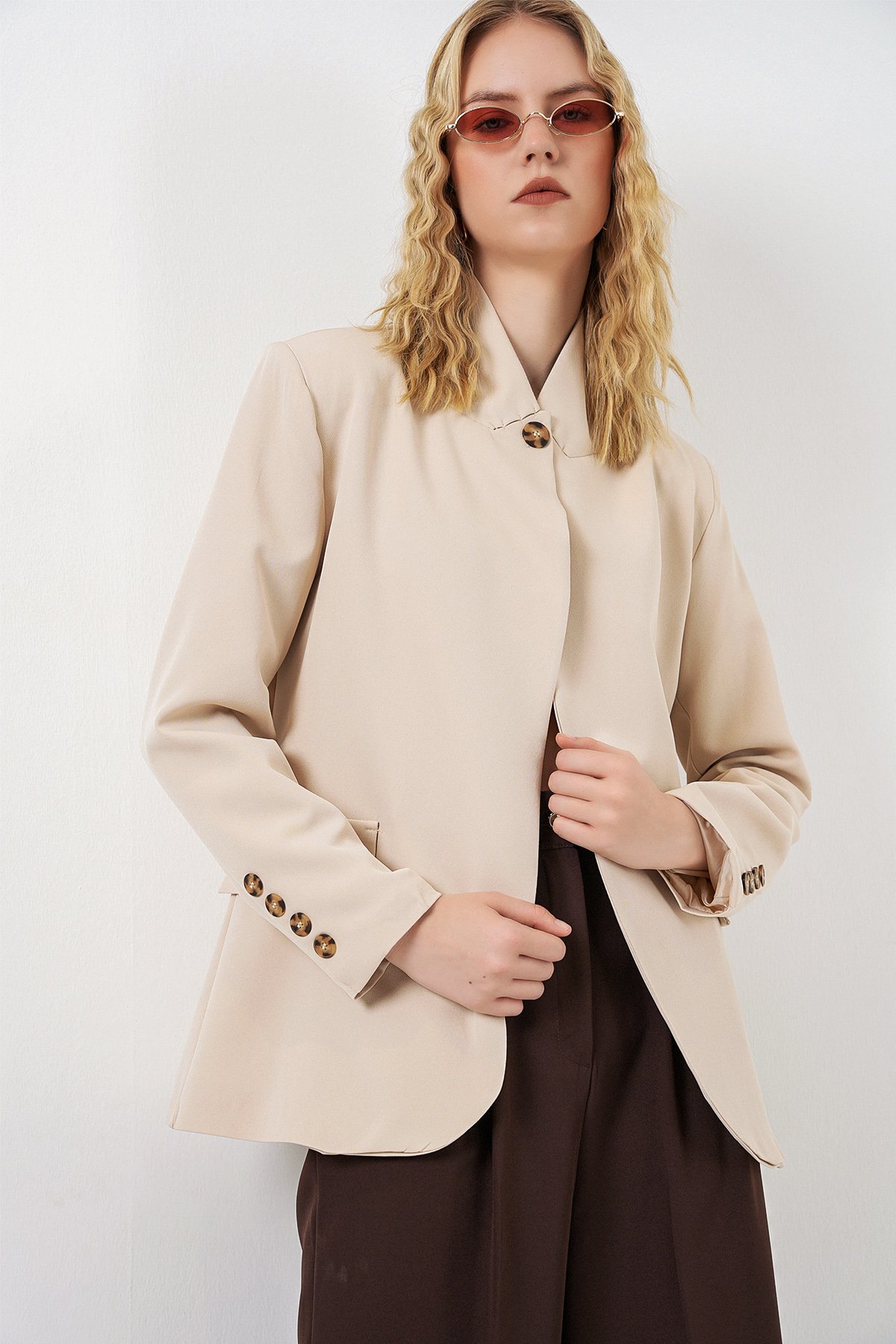 Women's Single Button Oversize Blazer Jacket 0749 - Beige