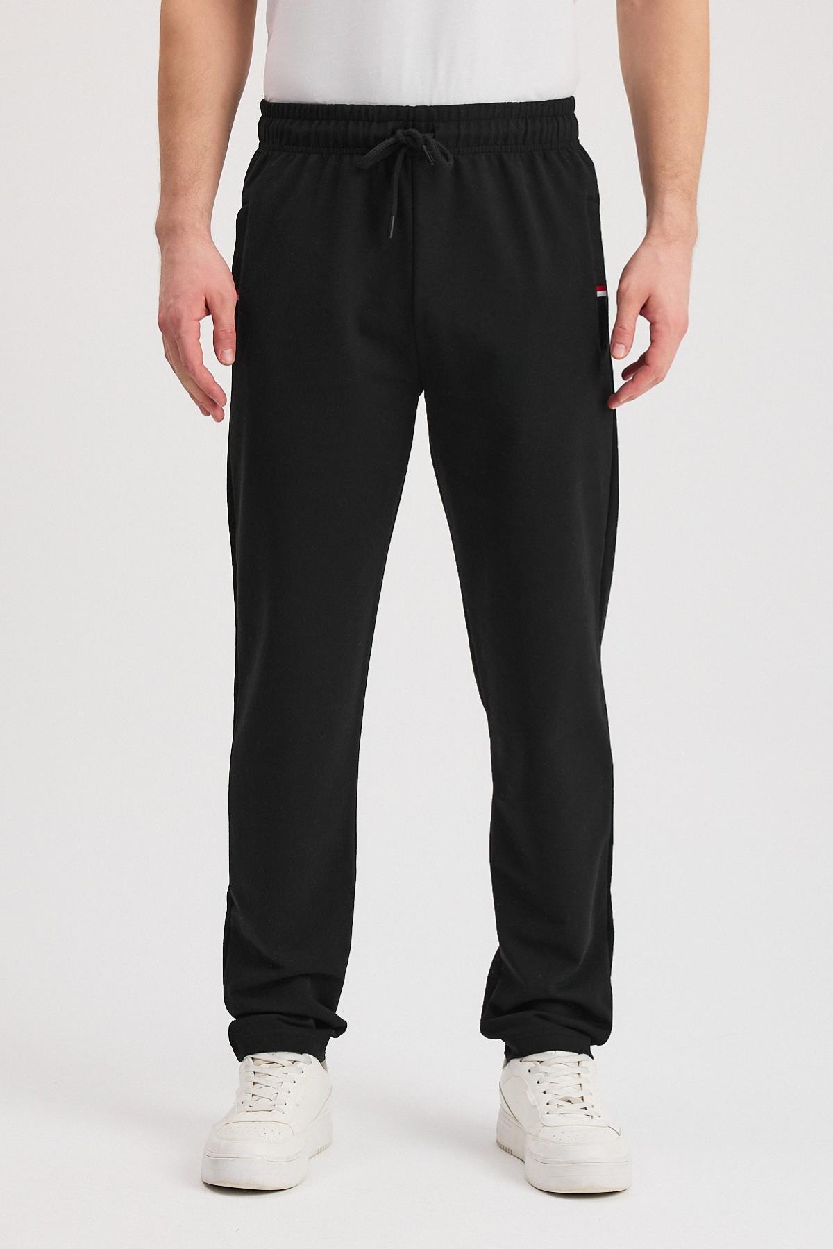 Men's Black Comfortable Tracksuit Bottoms with Zipper Pockets and Embroidery