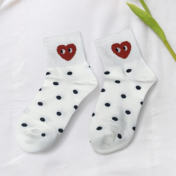 White Polka Dot Socks with Red Cartoon Heart - Black Dots