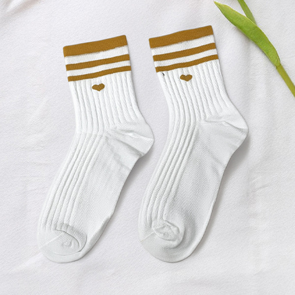 Ribbed White Socks with Mustard Brown Stripe and Embroidered Heart