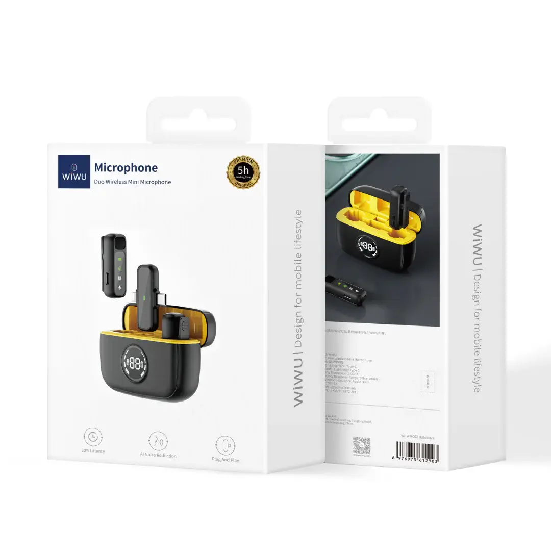 ميكروفون لاسلكي صغير من WiWU طراز Wi‑WM003 مع منافذ Lightning وUSB‑C