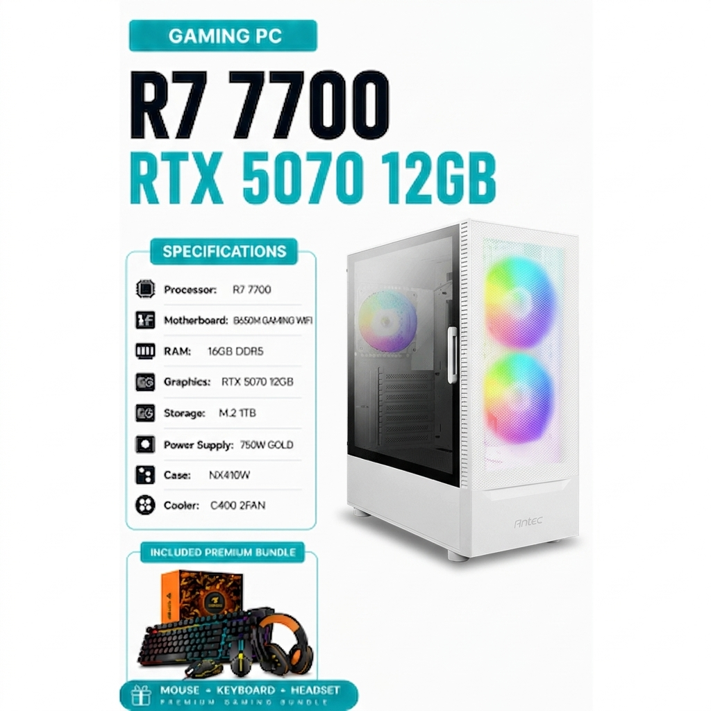 R7 7700 B650M Gaming wifi Power 750W Glod RTX 5070 12GB M.2 1TB NX410W ...