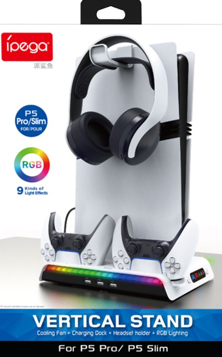 قاعدة iPega RGB العمودية مع مروحة تبريد وشاحن يدين لـ PS5 Slim PS5 Pro