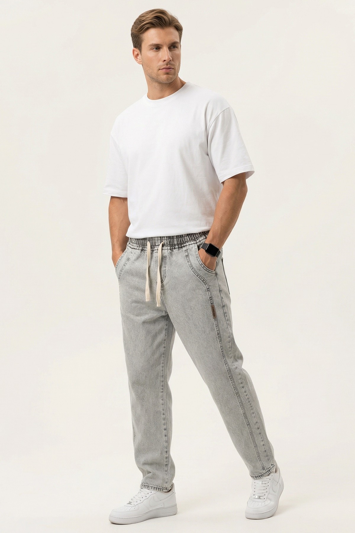 بنطلون جينز رجالي بقصة مريحة Baggy 30076 - لون حجر