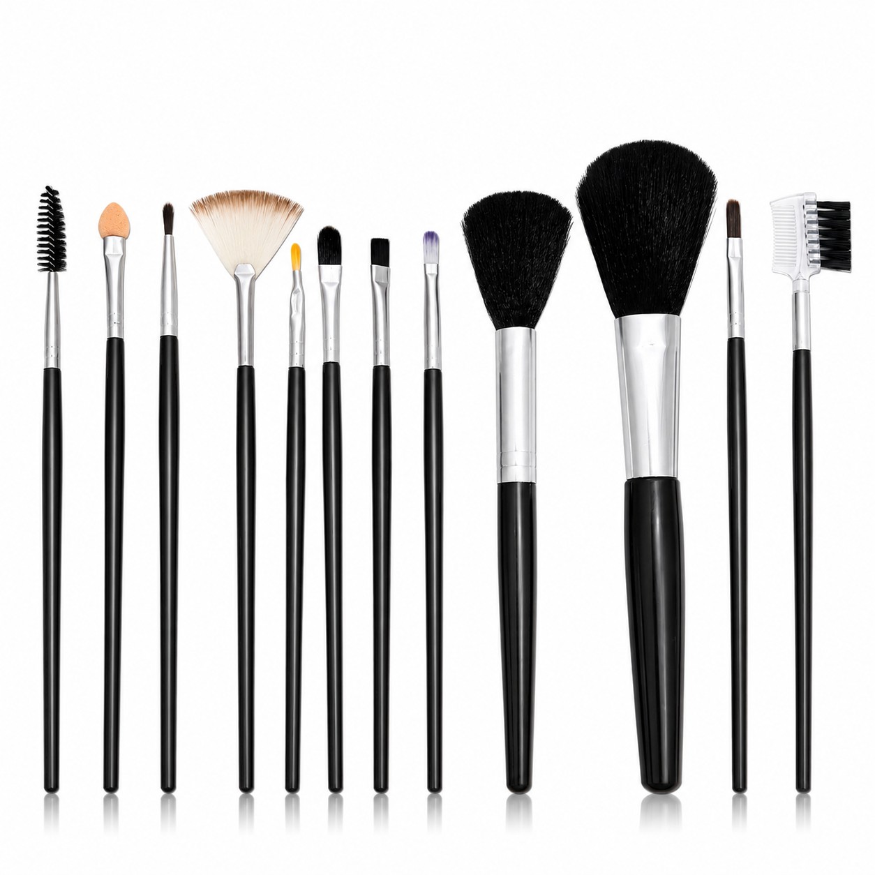 A set of 12 professional makeup brushes with a stylish, multi-shaped case.