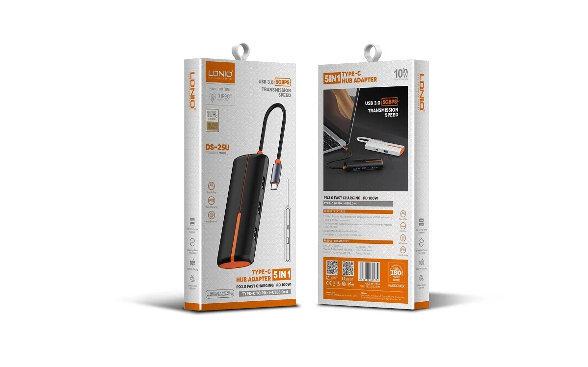 محطة توصيل LDNIO DS-25U USB-C 5 في 1 مع شحن PD بقدرة 100 واط ومنافذ USB عالية السرعة