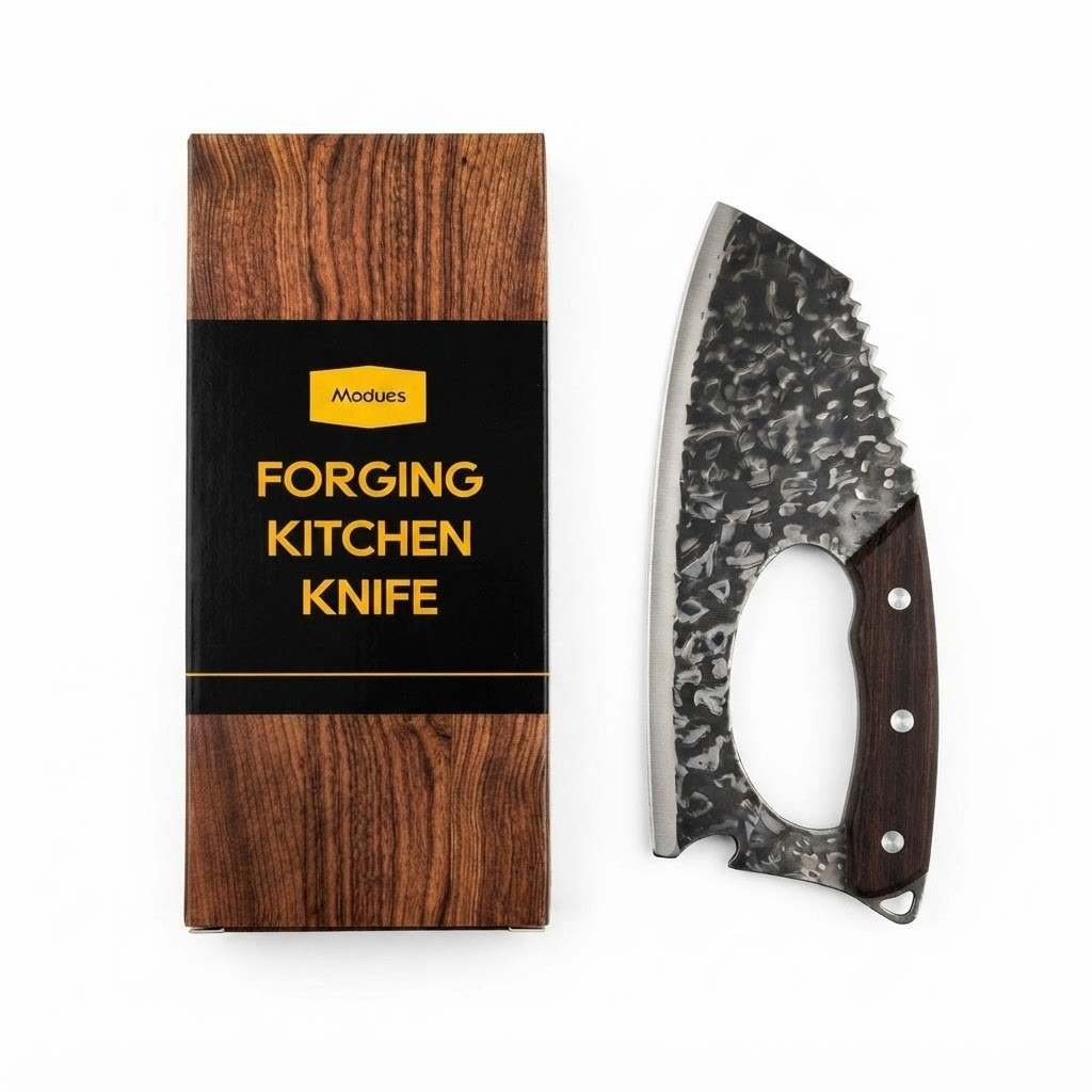 Stainless steel multi-purpose kitchen knife with a bottle opener and peeler.