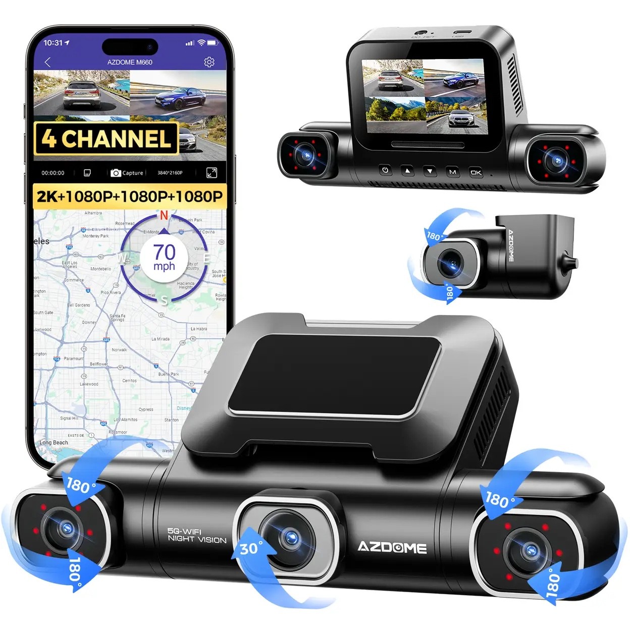 كاميرا DashCam M660 pro رباعية القنوات بدقة 4K مع ذاكرة داخلية سعة 256 جيجابايت