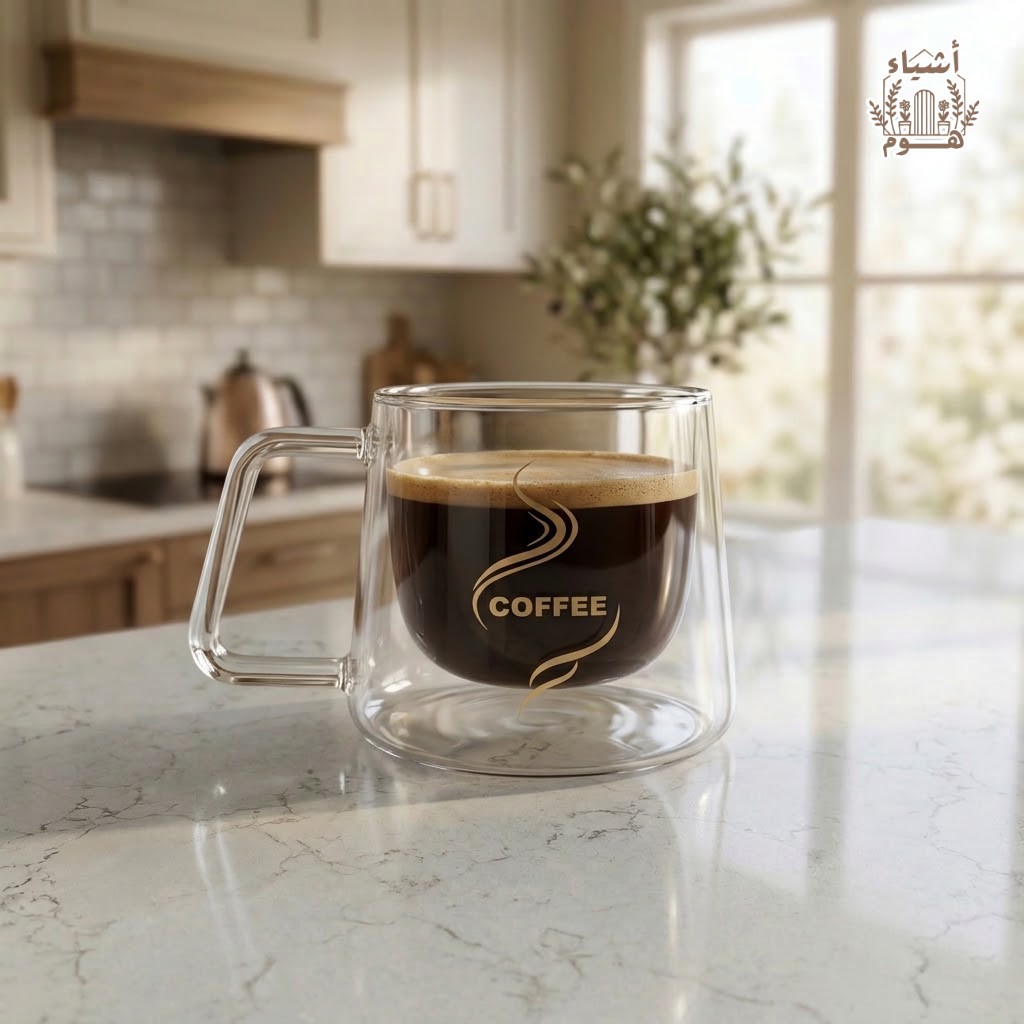 كوب قهوة زجاجي مزدوج الجدار (دبل وول) مقاوِم للحرارة بمقبض مريح وطبعة COFFEE