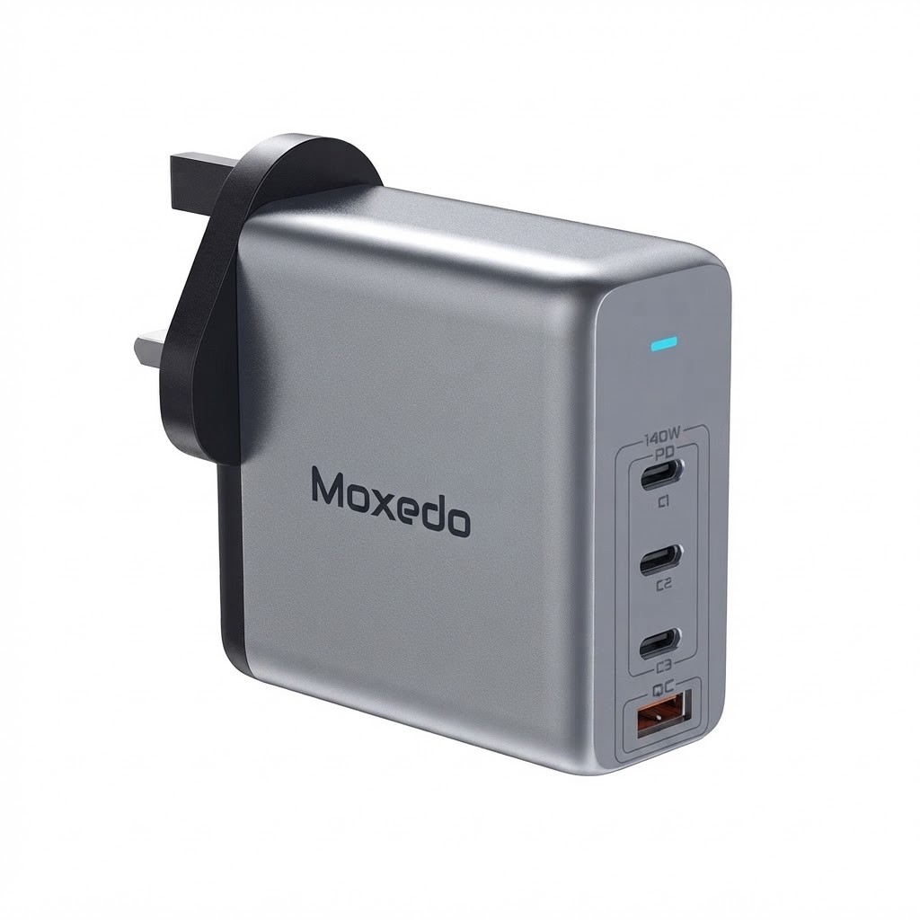 شاحن Moxedo GaN بقدرة 140 واط – 3 منافذ USB-C ومنفذ USB-A